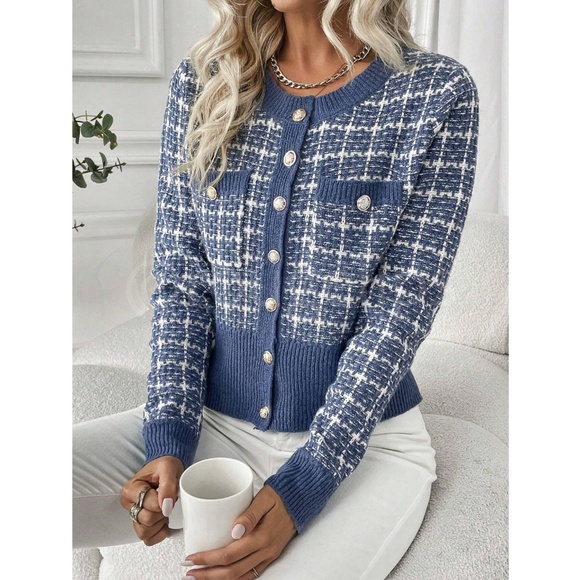 Blue Plaid Button Up Cardigan Knit Long Sleeve Stretchy - Picture 4 of 8